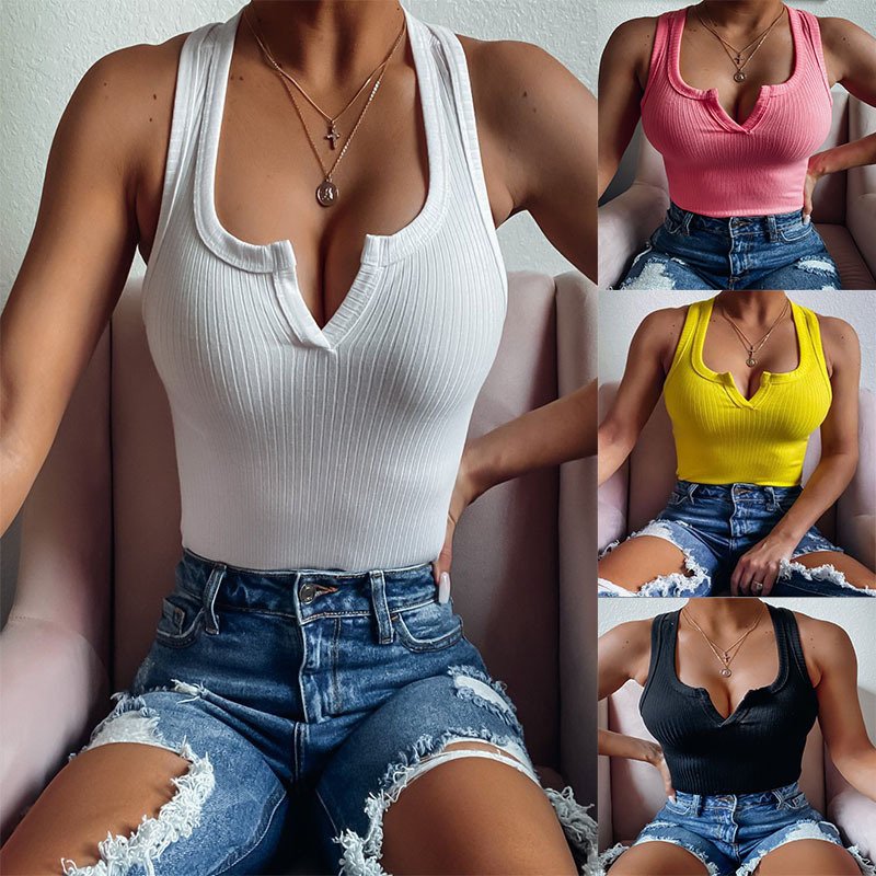 Women's fashion sexy halter solid color V-neck small vest T-shirt