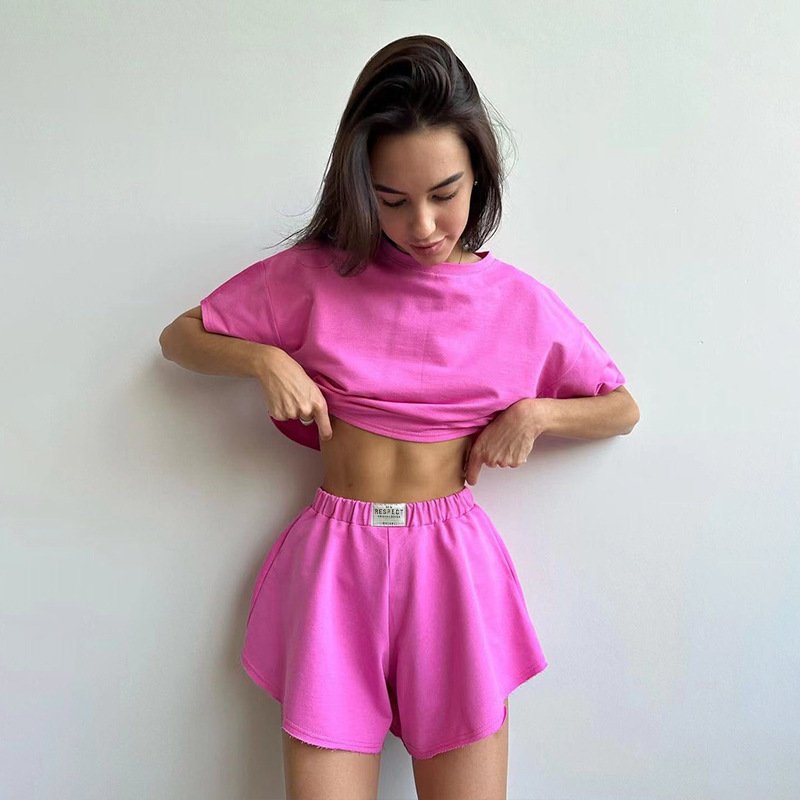 Women's Clothing Sports style suit short sleeve T top wide leg shorts casual two piece set