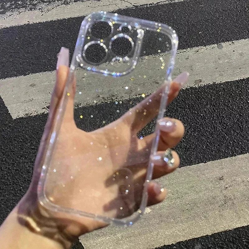 Soft Glitter Transparent Phone Case For IPhone 11 12 13 14 15 16 17 Pro Max Plus Air Shockproof Silicone Clear Bumper Cover
