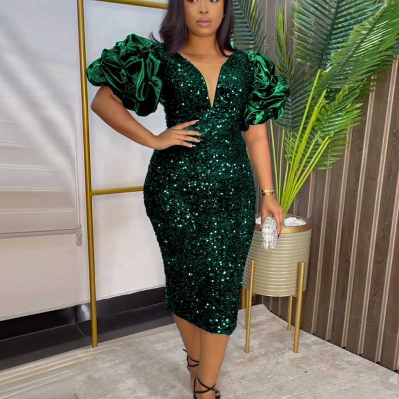 Women's high waist V-back party sequin dress dress