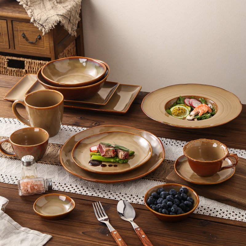 Vintage Ceramic Dinnerware Set – Handcrafted Japanese Raku Glaze Irregular-Shaped Bowls & Steak Plates For Restaurant & Home Use (3-Piece)​