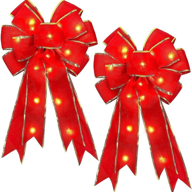 Luxury Velvet Christmas Tree Topper Bow - Large 28x50cm DIY Decorative Ribbon With/without Lights (2-Pack, Red)