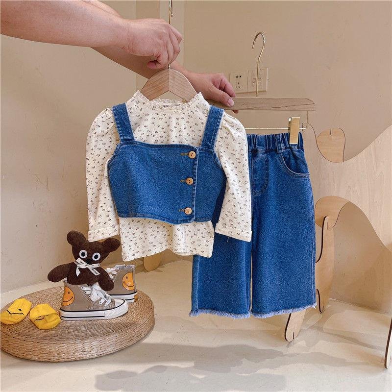 Kid's Clothing 2024 autumn new girls suit fashionable suspenders denim inner wide leg pants three piece suit