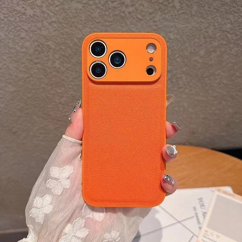 Plain Lychee Pattern Orange Phone Case For IPhone 17 Max Full Coverage Leather Texture Hard IPhone 16 Pro 15 Trendy