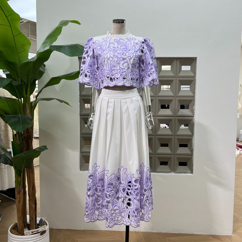 Elegant Summer Embroidery Lace-Up Zip Neck Short Sleeve Top + High-Waist Embroidered Skirt Set – Floral & Boho Chic Outfit For Women