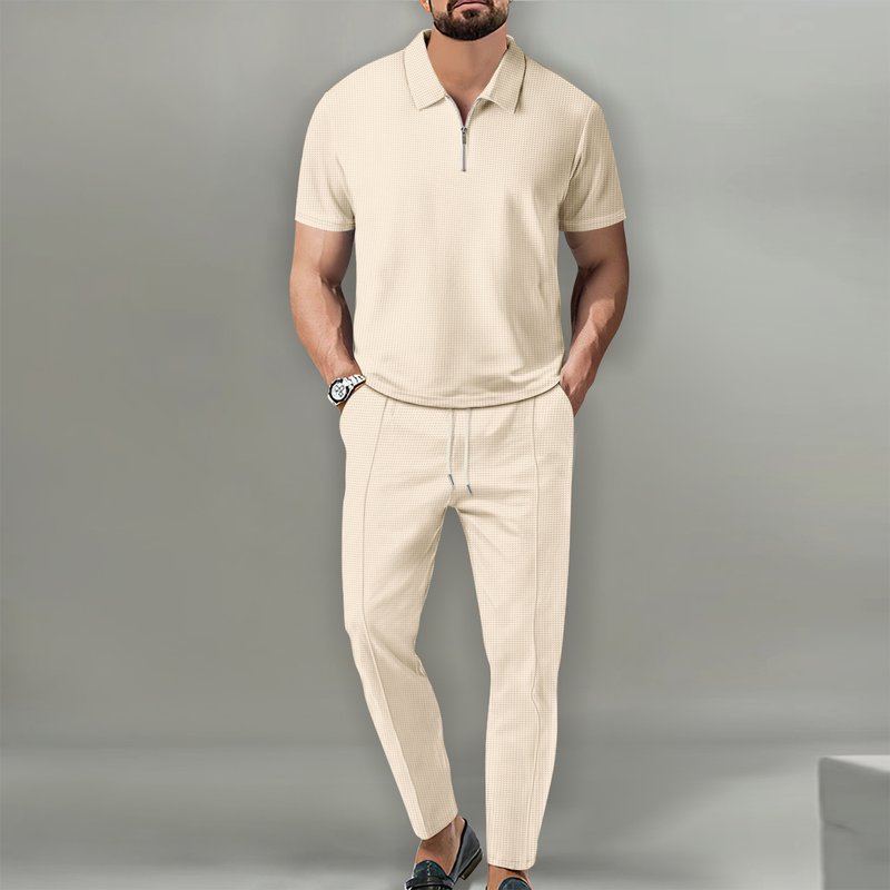 New Men's Solid Color Suit Waffle Lapel Short Sleeve Zipper Pants Suit