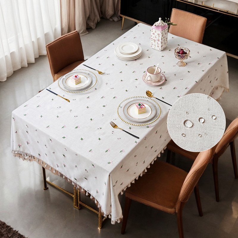 Luxury Waterproof Tablecloth - Pink Floral Embroidery On Linen, Stain & Dust Resistant For Dining Table (150x220cm, Machine Washable)