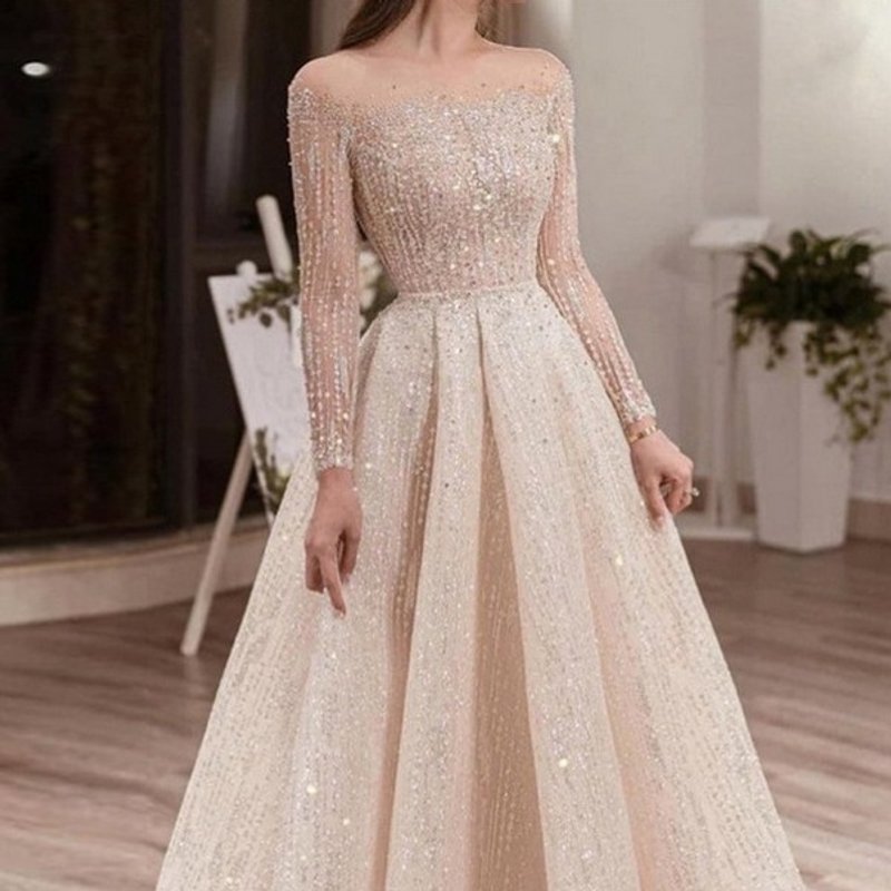 Women's Clothing Long Sleeve Sequined Puffy Dress Long Dress