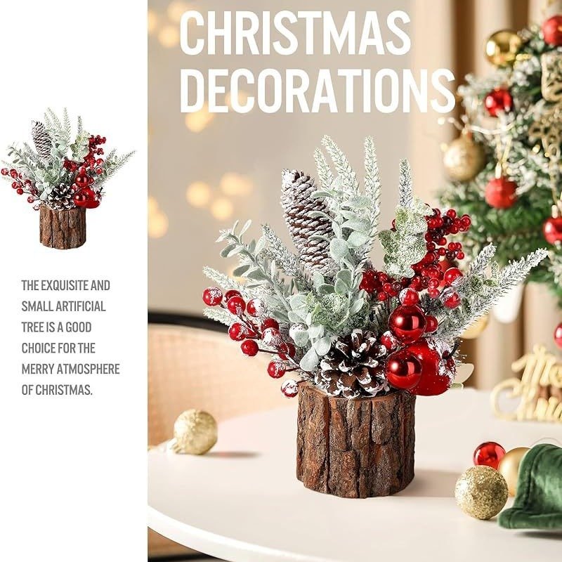 Christmas Mini Desktop Tree With Wooden Bucket Base Festive Holiday Decor For Home Office Party (30cm PE Bark Multiple Styles)