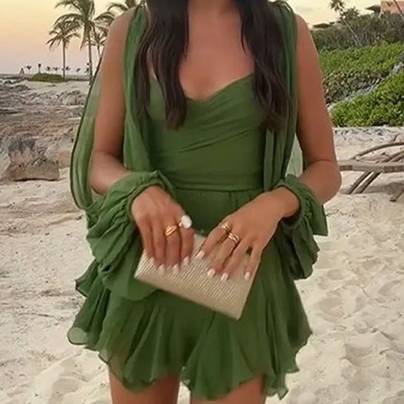 Women's Clothing Sexy Hot Girl V Neck Lantern Sleeve Hollow Off Shoulder Casual Dress