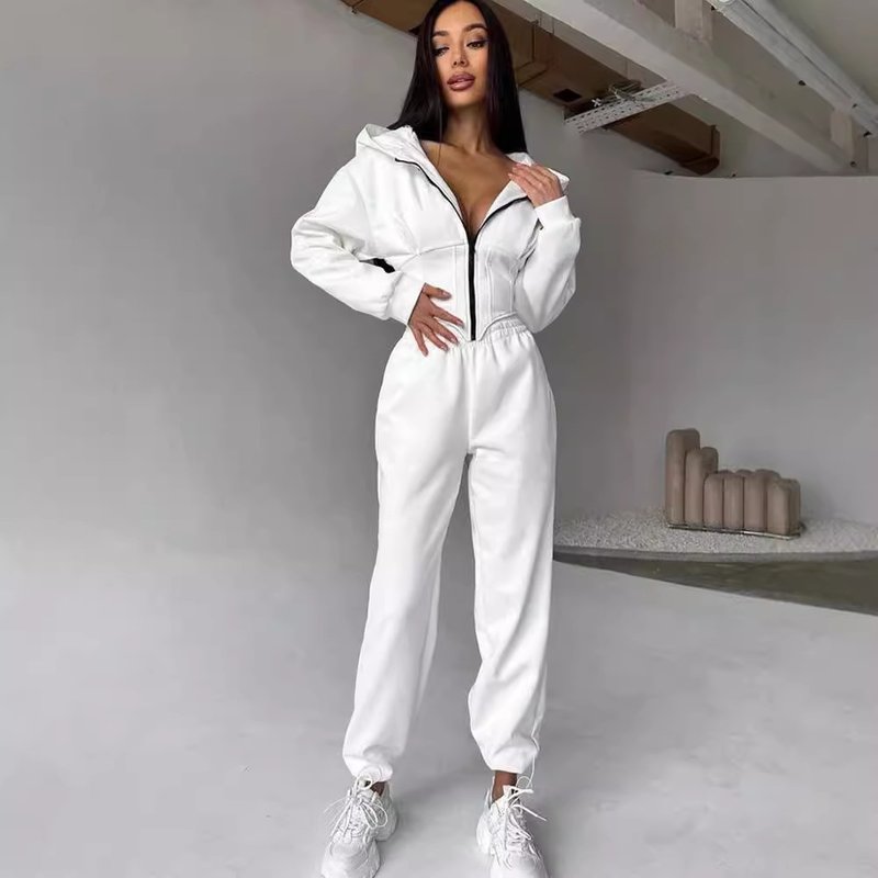 Ensemble sweat à capuche et jogging pour femme – Tenue streetwear slim zippée en noir/blanc/gris/rose/menthe