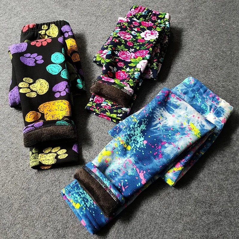 XUANMU Autumn Winter Baby Girls Leggings Thick Warm Dot Pants Kid Girl Leopard Plus Velvet Pants Children Vintage Flowers Trousers XB005