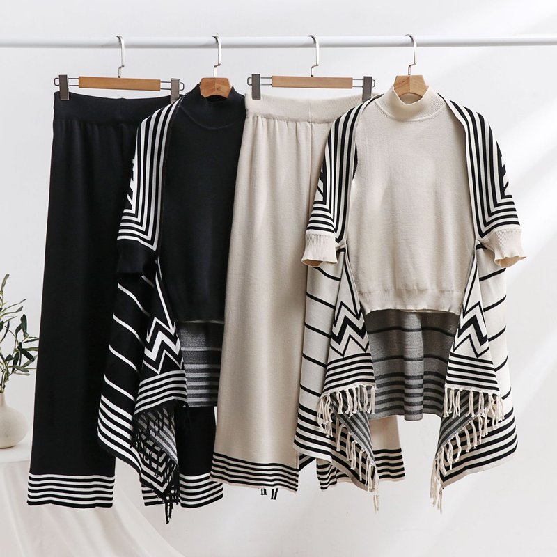 Women's Clothing Suits For Women, Striped All Match Collar Sweater Vest, Tassel Shawl Coat, Knitted Wide Leg Pants Three Piece Suit