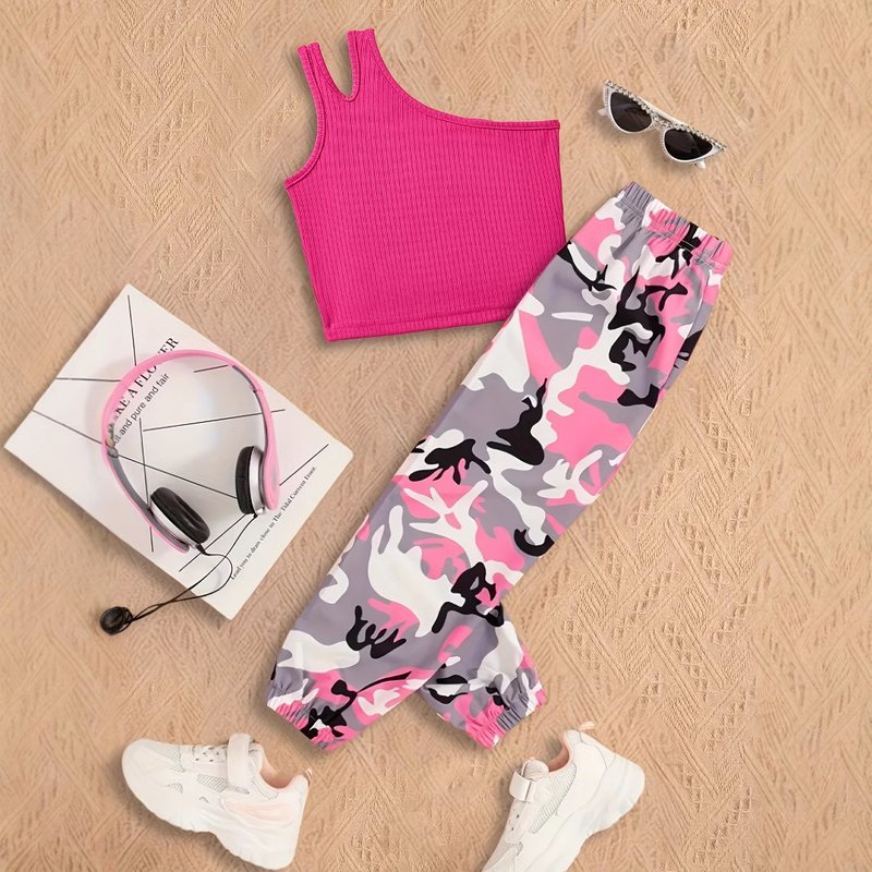 Kids’ Clothing Girls Fashion Sports Vest Camouflage Trousers Suit Casual Sports Suit