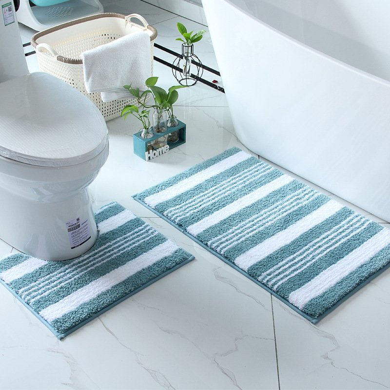 Striped Non-Slip Bathroom Rug Set (2-Piece), Modern U-Shaped Toilet Mat & Rectangular Shower Mat – Soft Polyester Machine Washable Quick-Dry Floor Mat