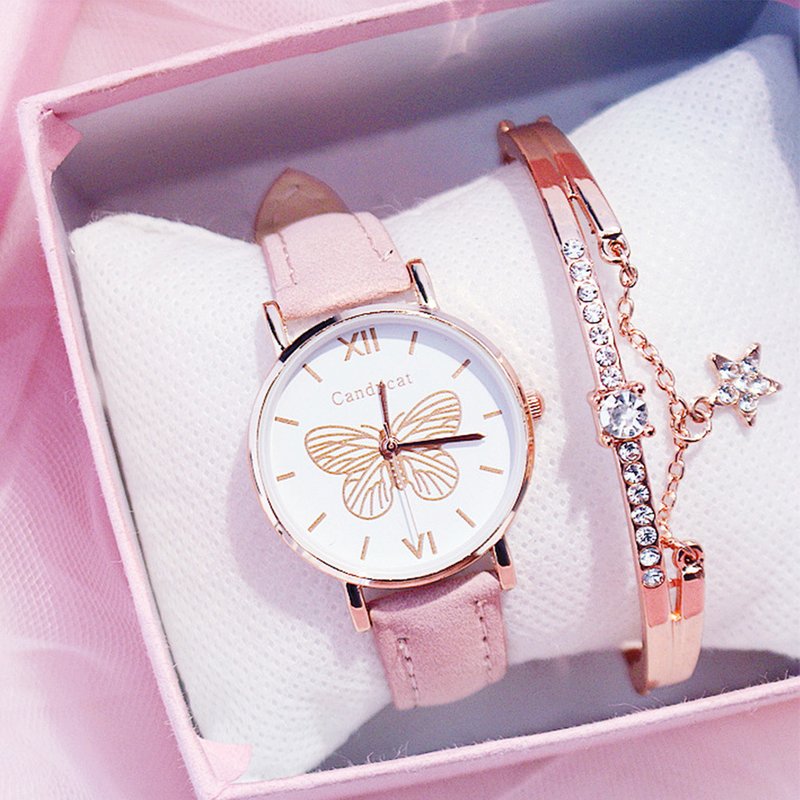 Korean Style Ladies Fashion Trend Versatile Butterfly Dial Belt Quartz Watch Female Watch + Star Bracelet 2pcs/set