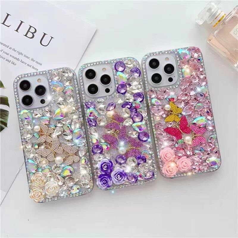 For Iphone 13 14 15 Pro Max Plus Handmade Diamond Crystal Butterfly Flower Phone Case Cover