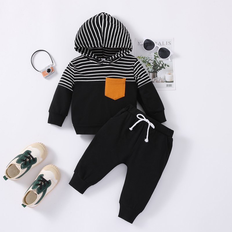 Mother&Kids Children's Clothes Children's Striped Combination Cap Long Sleeve Top + Trousers Two Sets Of Baby Clothes