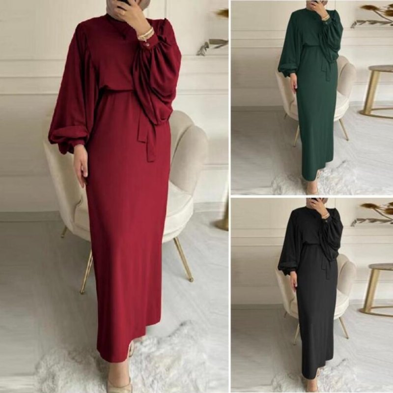 Women's Clothing solid color long sleeved casual Muslim dress robe dress dignified and elegant