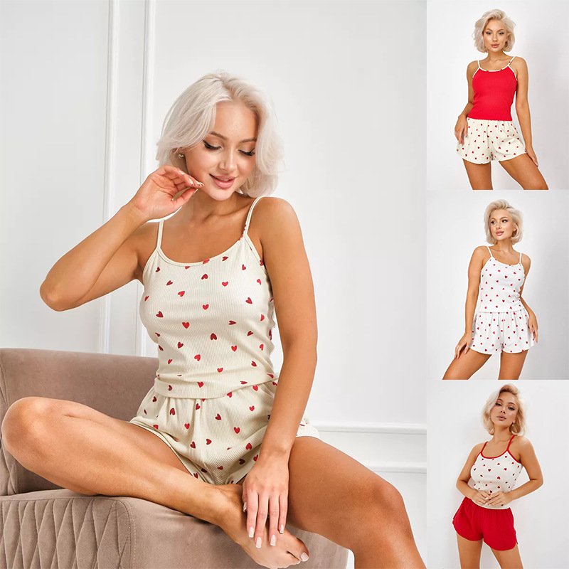 Women's Pajamas Set Two-piece Set, Printed Love, Suspenders, Shorts, Casual Set, Loungewear