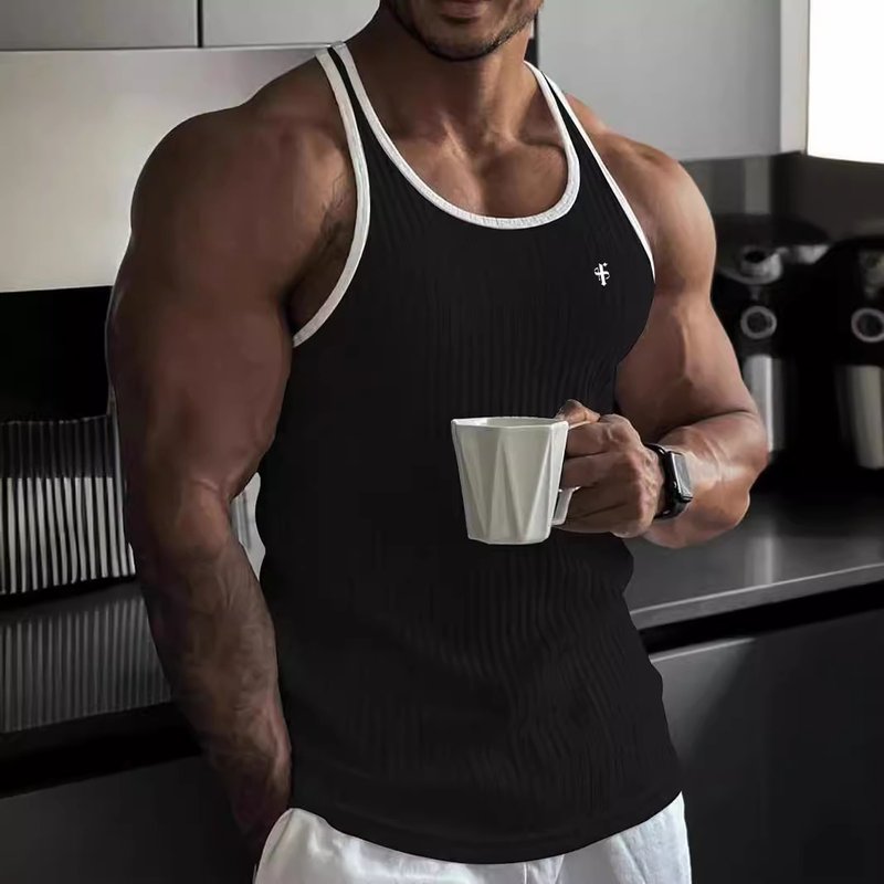 Men's Breathable Sports Vest Quick Drying Vertical Striped Sleeveless Tank Top For Fitness And Summer Activity Elastic Threaded Bottoming Shirt