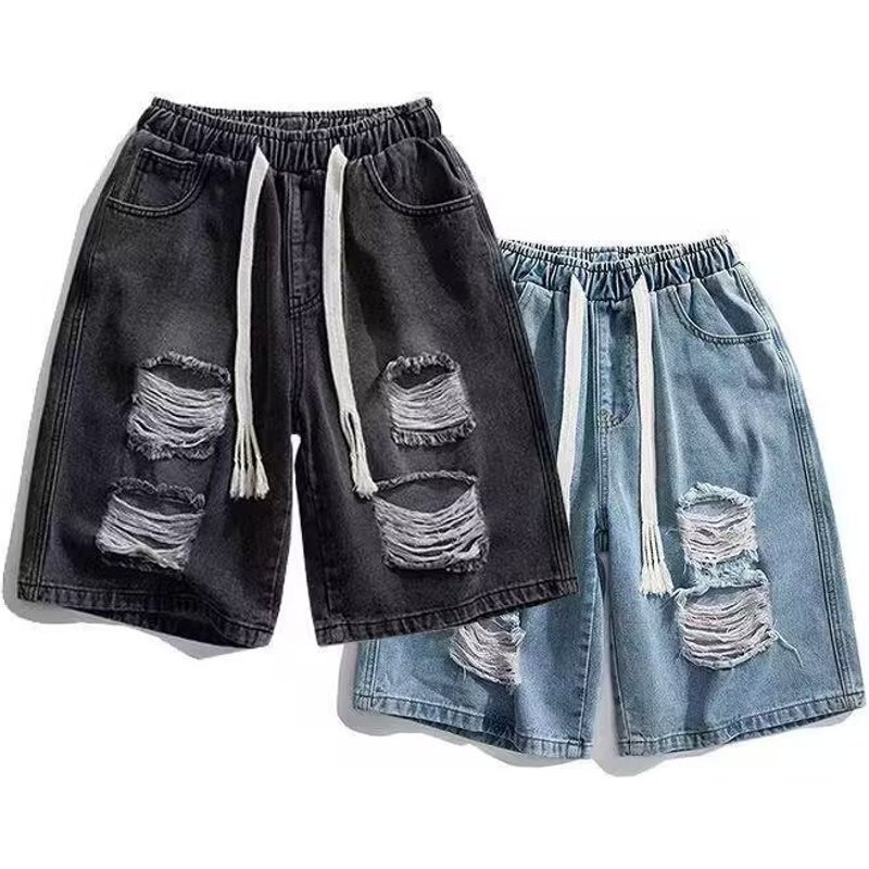 Men's Clothing Drawstring Elastic Waist Ripped Denim Shorts Street Fashion Straight Large Size Casual Five Point Mid Length Pants