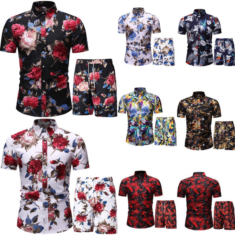 New Short Sleeved For Men's Summer Slim Fit Floral Beach Cardigan Casual Shirt Two Sets