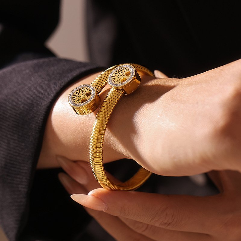 Fashion tree of life diamond thread open bracelet titanium steel plated with gold personalized design jewelry