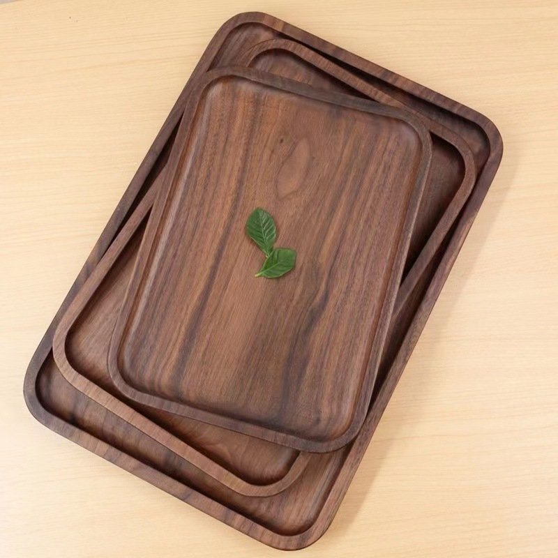 Japanese Style Black Walnut Wood Tray - Rectangular Multi-Purpose Serving Tray For Tea Cups & Dining