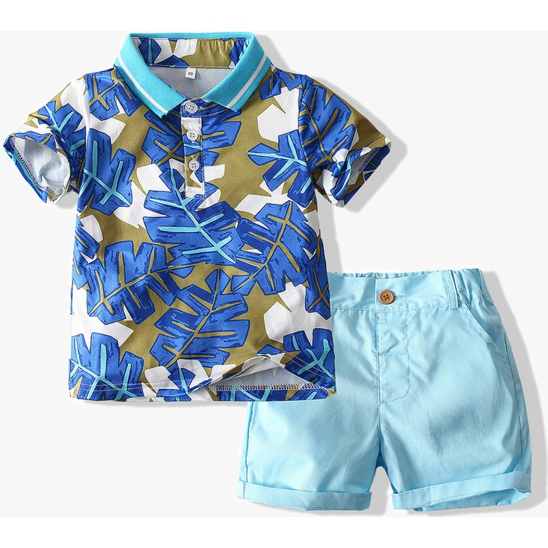 Mother & Kids manufacturers foreign trade children's clothing 2024 summer new boys tropical leaf print polo shirt casual pants suit