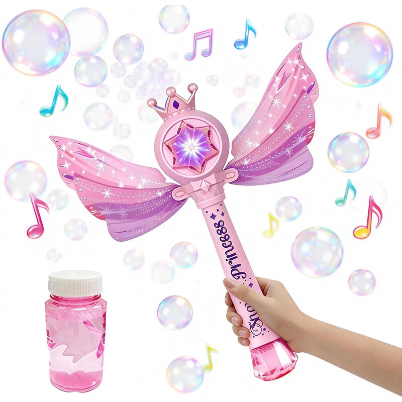 Princess Magic Wand Bubble Machine Toy, Automatic Bubble Blower Wand with LED Light Music & Wings Crown, Pink Fairy Bubble Maker Toy Gift for Girls Kids Outdoor Party