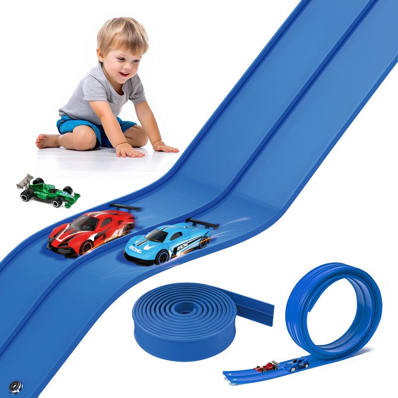 Kids Bendable DIY Racing Track Toy, Soft PVC Double Lane Race Track with Strong Suction Cups, 4 Mini Friction Powered Cars, Freely Build Straight Curve Loop Tracks, Hands-on Ability Training, Indoor Outdoor Creative Play, Ideal Birthday Holiday Gift for Boys Children Ages 3 and Up
