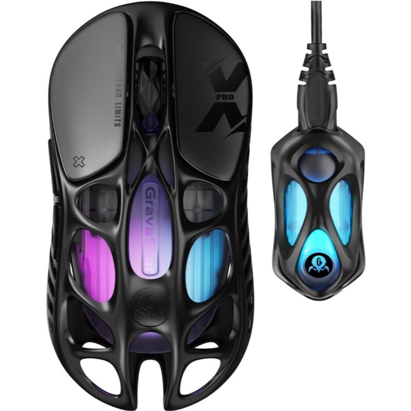 【Chinese Retail Version】GravaStar Mercury X Pro 49g Wireless Gaming Mouse, 8K Dongle, 32000DPI PAW 3950 Sensor, 8000Hz Polling Rate, Magnesium Alloy, Hollow Design, RGB Lighting, 5 Programmable Buttons - Black