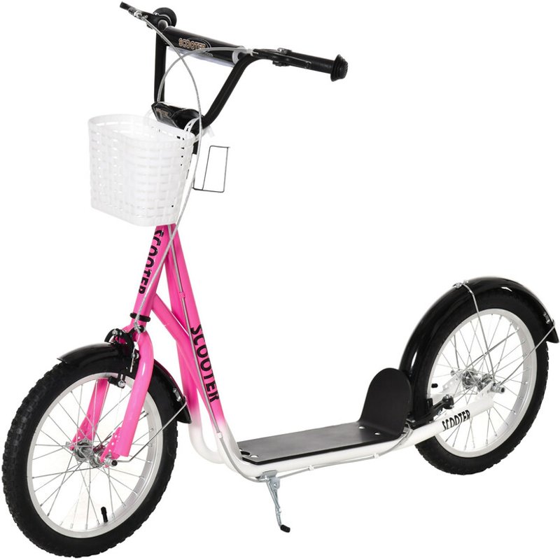371-029PK HOMCOM Kids Scooter, Kick Stunt Scooter with Adjustable Handlebar, Dual Brakes, Basket, Cupholder, Mudguard, 16" Inflatable Rubber Wheels, for 5-12 Years, Pink
