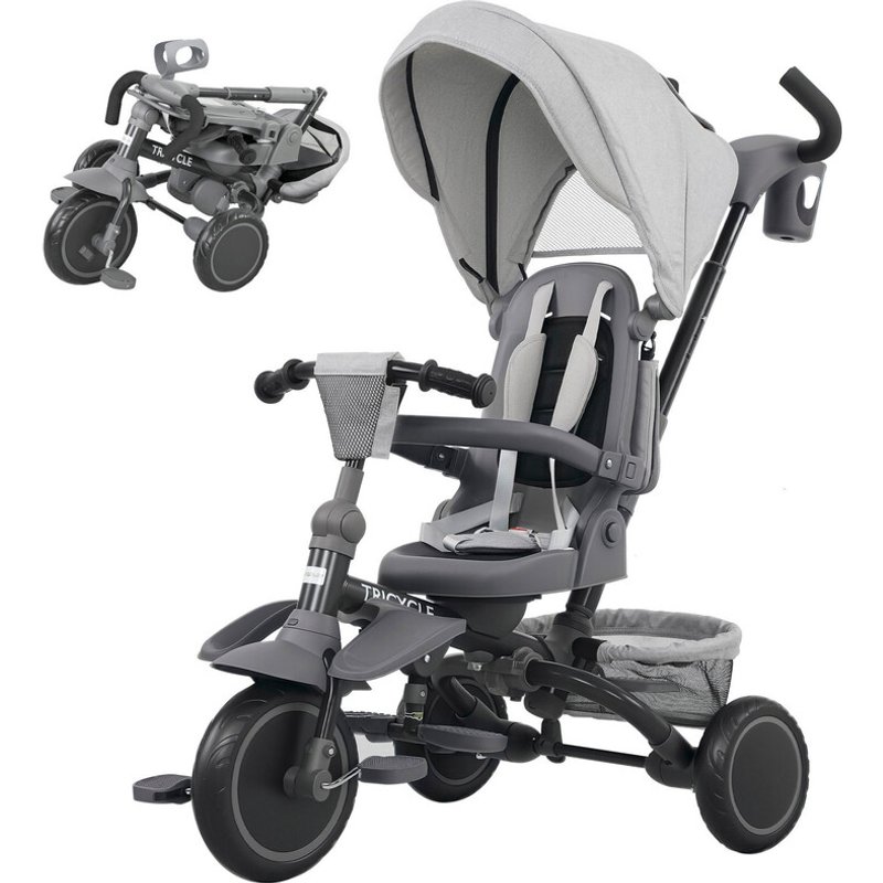 AIYAPLAY Kids Trike, Toddler Tricycle 6 in 1 Foldable Baby Trike with Adjustable Parent Handle & Canopy, Convertible Seat, 5-Point Harness, Storage Basket & Bag for Ages 1-5 Years, Grey