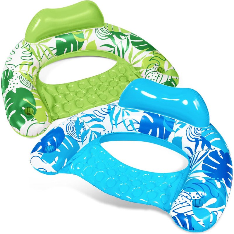 Sloosh Inflatable Pool Floats, 2-Pack, X-Large, Pool Chairs with Cup Holders, Hammock Noodle Mat for Relaxing Summer Water Fun Swimming Party Beach