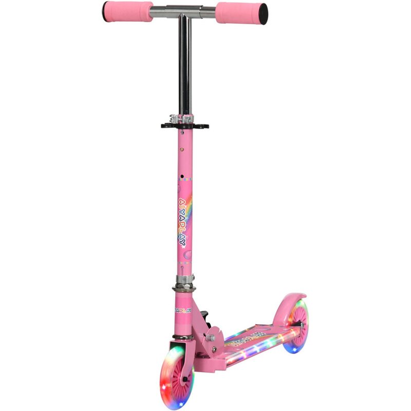 371-047V00PK HOMCOM Kids Scooter with Lights, Music, Adjustable Height, Foldable Frame, LED Wheels, for Ages 3-7 Years - Pink