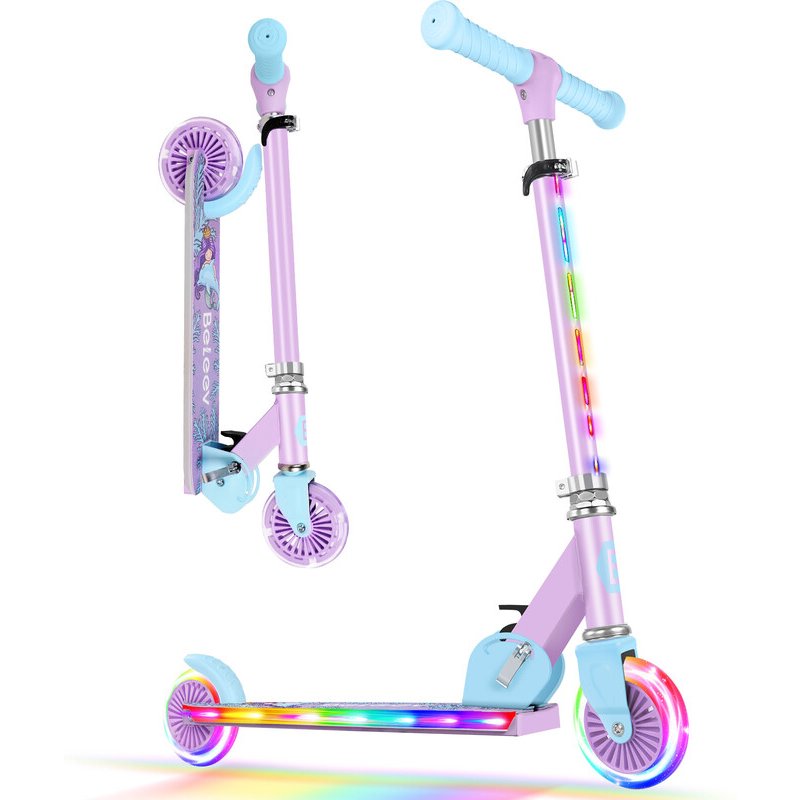 Beleev V2-Pure PurpleScooter Children's Scooter 6 Years, Upgrade with LED Luminous Wheels, Steering Column and Deck, Height Adjustable, Rear Wheel Brake, Foldable Scooter Children 4 Years Girls Boys, 3-12 Years