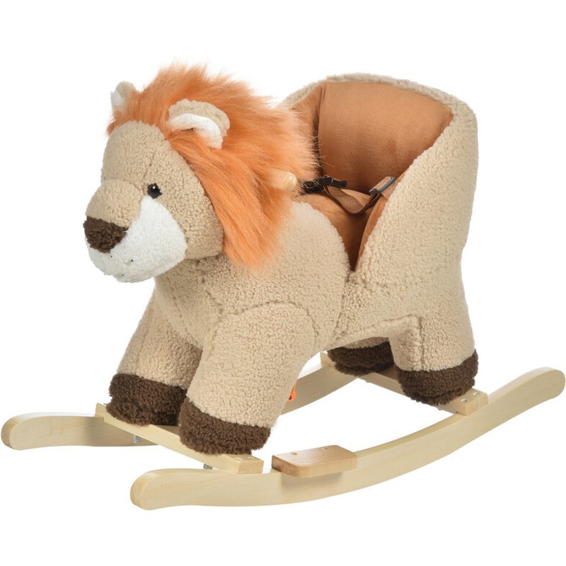 330-115 HOMCOM Baby Rocking Horse, Plush Ride on Lion Seat for Toddlers 18-36 Months with Sound, Seat Belt, Wood Base, Animal Rocker for Children, Brown