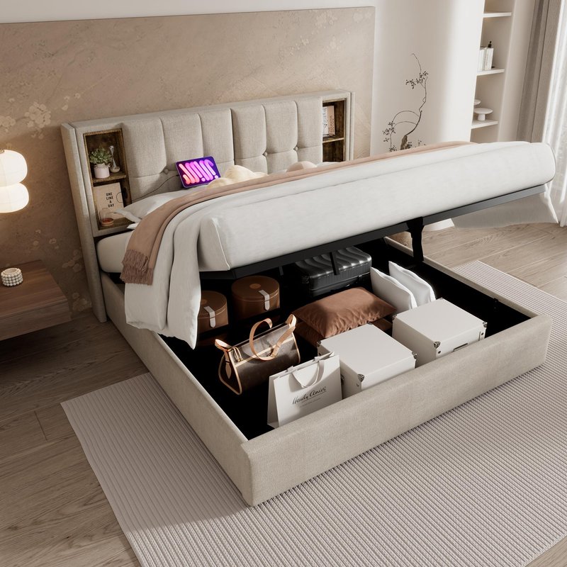 Upholstered Double Bed with Wireless Charging, Open Compartments, Double Bed Frame with Hydraulic Storage, 206L x 155W x 100.5H cm, Natural Aosom UK