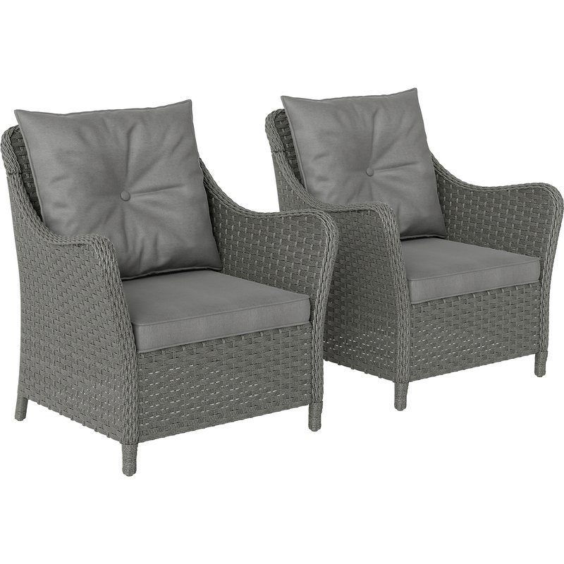 Outsunny Rattan Garden Chairs Set of 2, Outdoor Rattan Chairs with Cushions, Armrests and High Back, PE Wicker Garden Armchair with Steel Frame for Balcony, Porch, Dark Grey