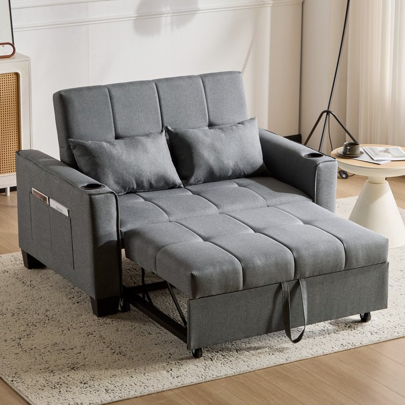 2 Seater Convertible Sofa Bed with Storage Side Pockets, Cup Holders, Fabric Sofa Chair with Adjustable Backrest, 140L x 96W x 97H cm, Gray Aosom UK