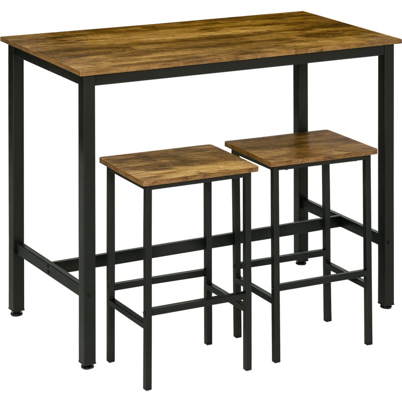 HOMCOM Industrial Bar Table and Stools w/ 2 Stools, 3-Piece Counter Height Dining Table & Chairs for Kitchen, Living Room, Brown Aosom UK