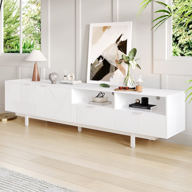 Elegant Bohemian TV Entertainment Center with Cabinet and Drawers, Geometric Lines TV Stand for 90 Inch TVs, 200L x 40W x 51H cm, White Aosom UK