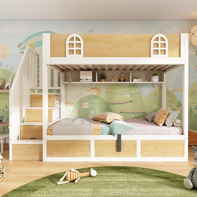 Cabin-Style Bunk Bed with Staircase Cabinet & Underbed Storage, Space-Saving Single Bed for Kids, 243L x 95W x 152H cm, Natural+White Aosom UK