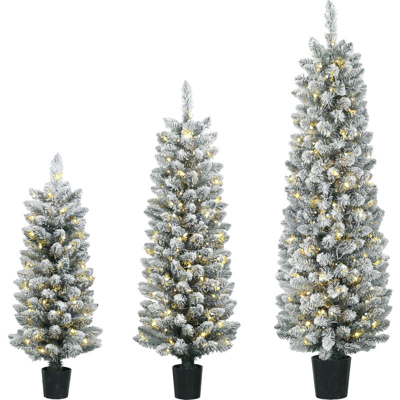 HOMCOM Set de 3 brazi LED cu zăpadă artificială, subțiri, cu ramuri din PVC, 90/120/150 cm | Aosom Romania