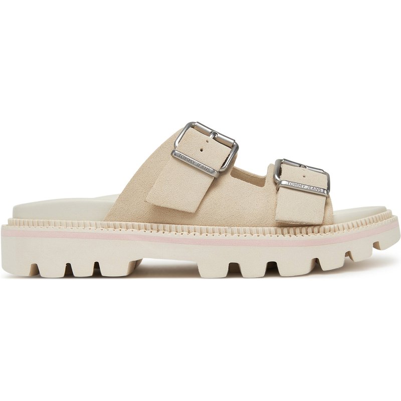 Pantoletten Tommy Jeans Double Strap Sandal Suede EN0EN02797 Écru