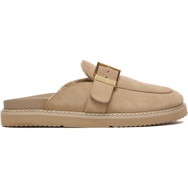 Pantoletten Tommy Hilfiger Th Buckle Fur Suede Mule FW0FW09083 Beige
