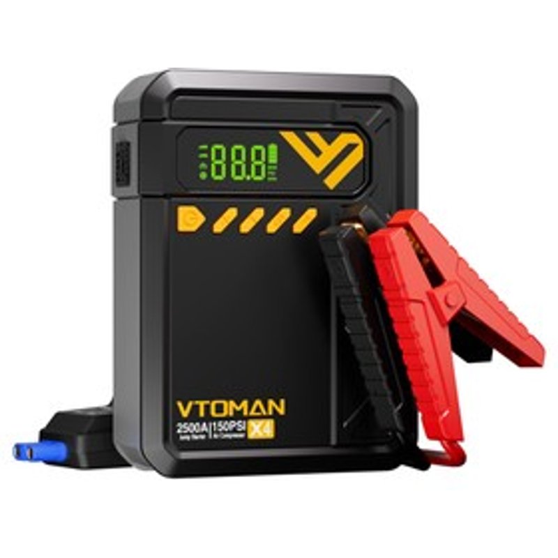 VTOMAN X4 2500A 12V Démarreur de Voiture avec Gonfleur de Pneus 150PSI Power Bank 10000mAh Lampe de Poche LED pour Moteurs Essence 85L et Diesel 6L Voitures Camions et Motos