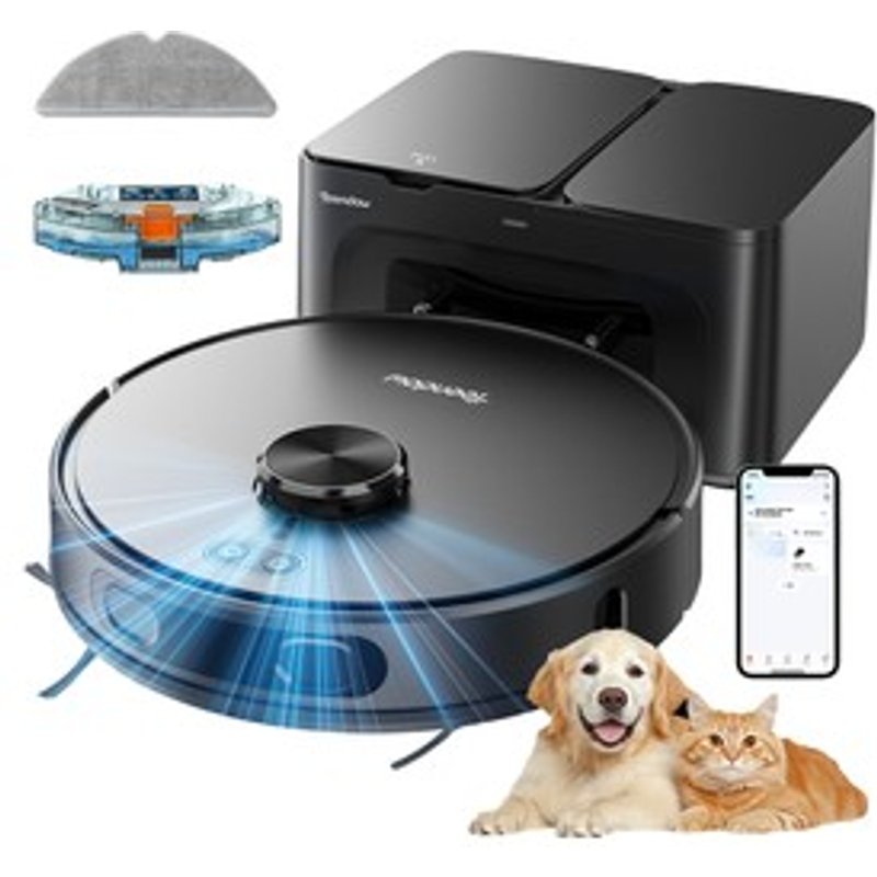 Teendow D65S MAX Aspirateur Robot Vidage Automatique 70 Jours Aspiration 6000Pa Station de Dépoussiérage 17kPa Autonomie 220min Passage dObstacles 20mm Contrôle de Puissance à 4 Niveaux Bac à Poussière 250ml Réservoir dEau 350ml
